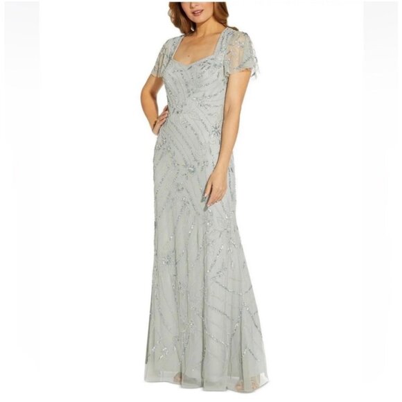 NWT Adrianna Papell Beaded Long Dress in Frosted Sage - Picture 1 of 12